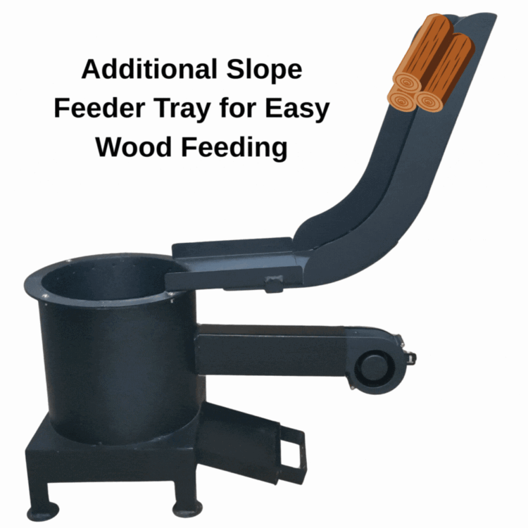commercial wood stove with wood feeding tray